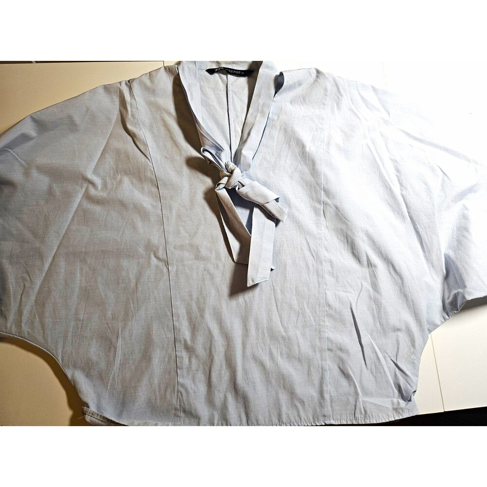 Zara Women’s Light Blue Poplin Cotton Batwing Tie-Neck Bow Blouse Oversize Fit